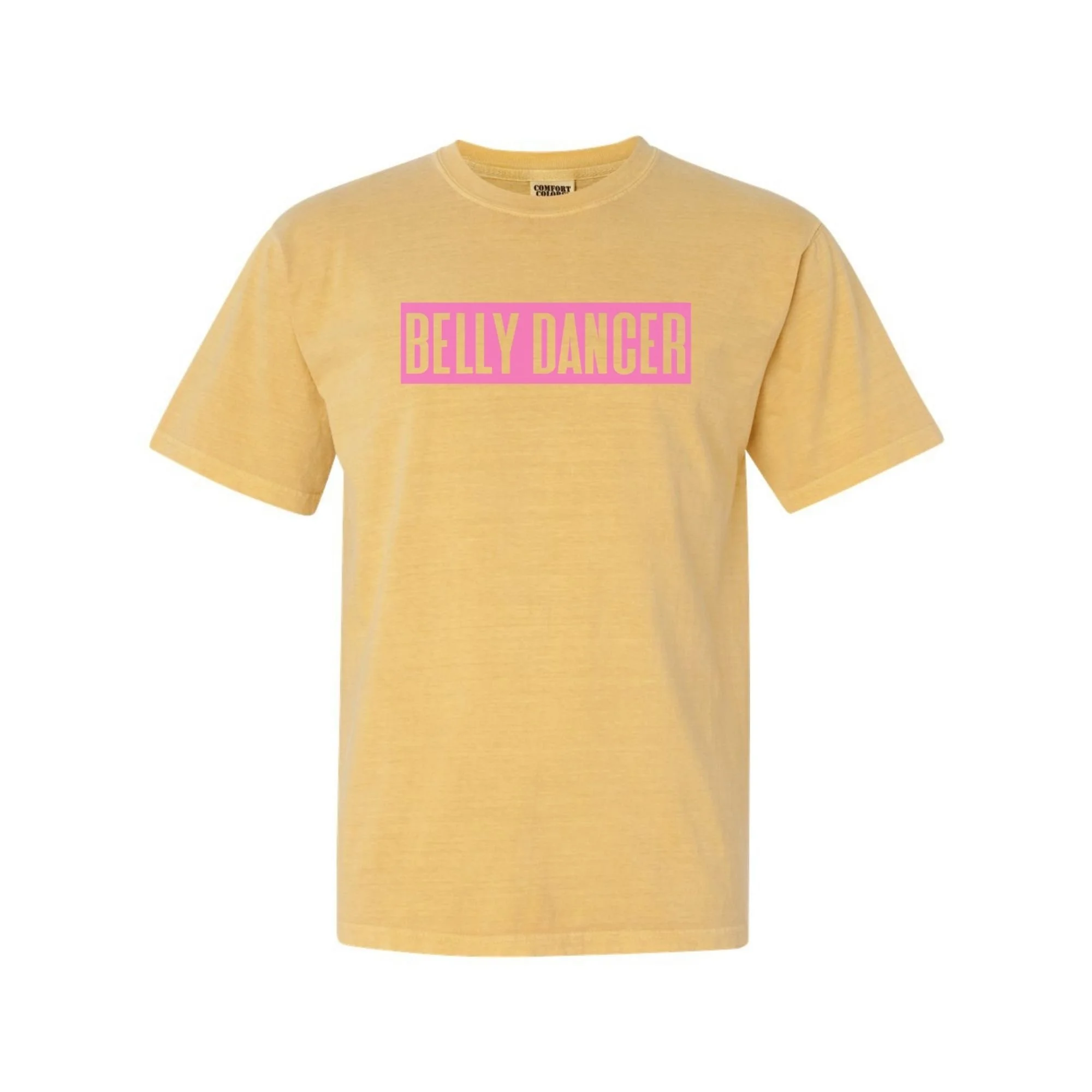 Belly Dancer tee in Mustard with pink print