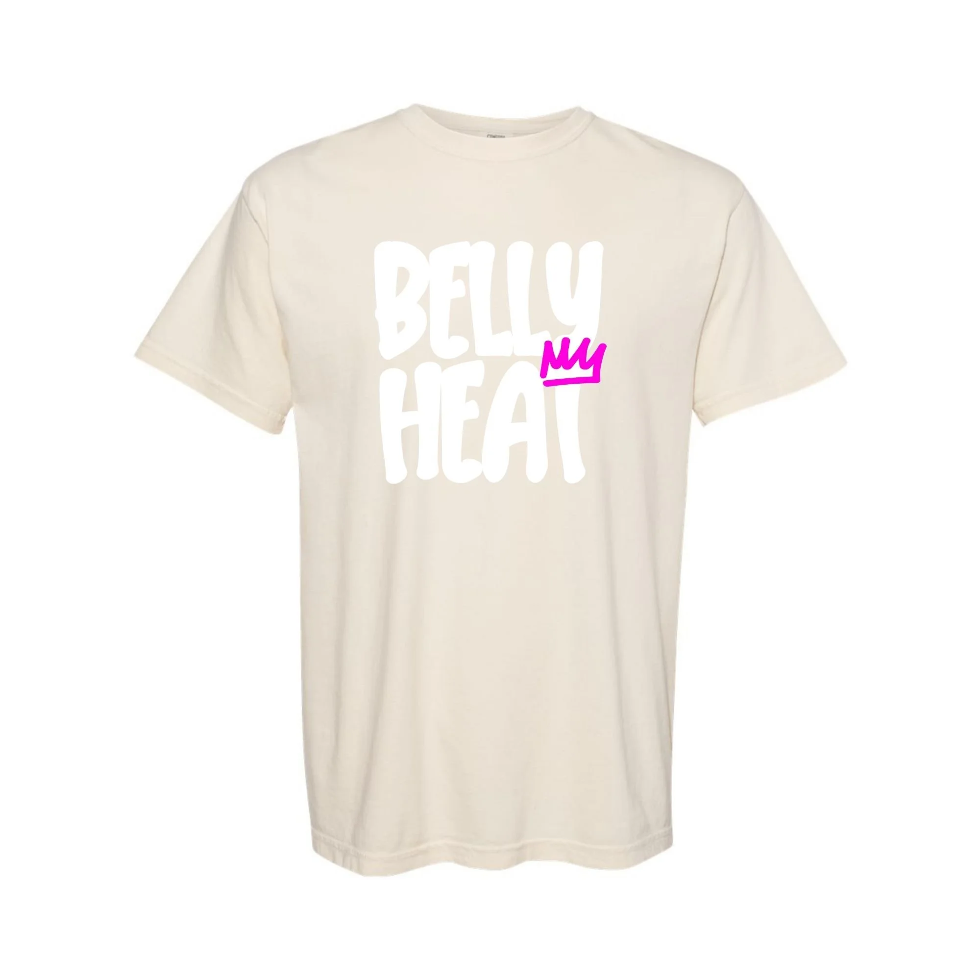 Belly Heat tee in Ivory with white print