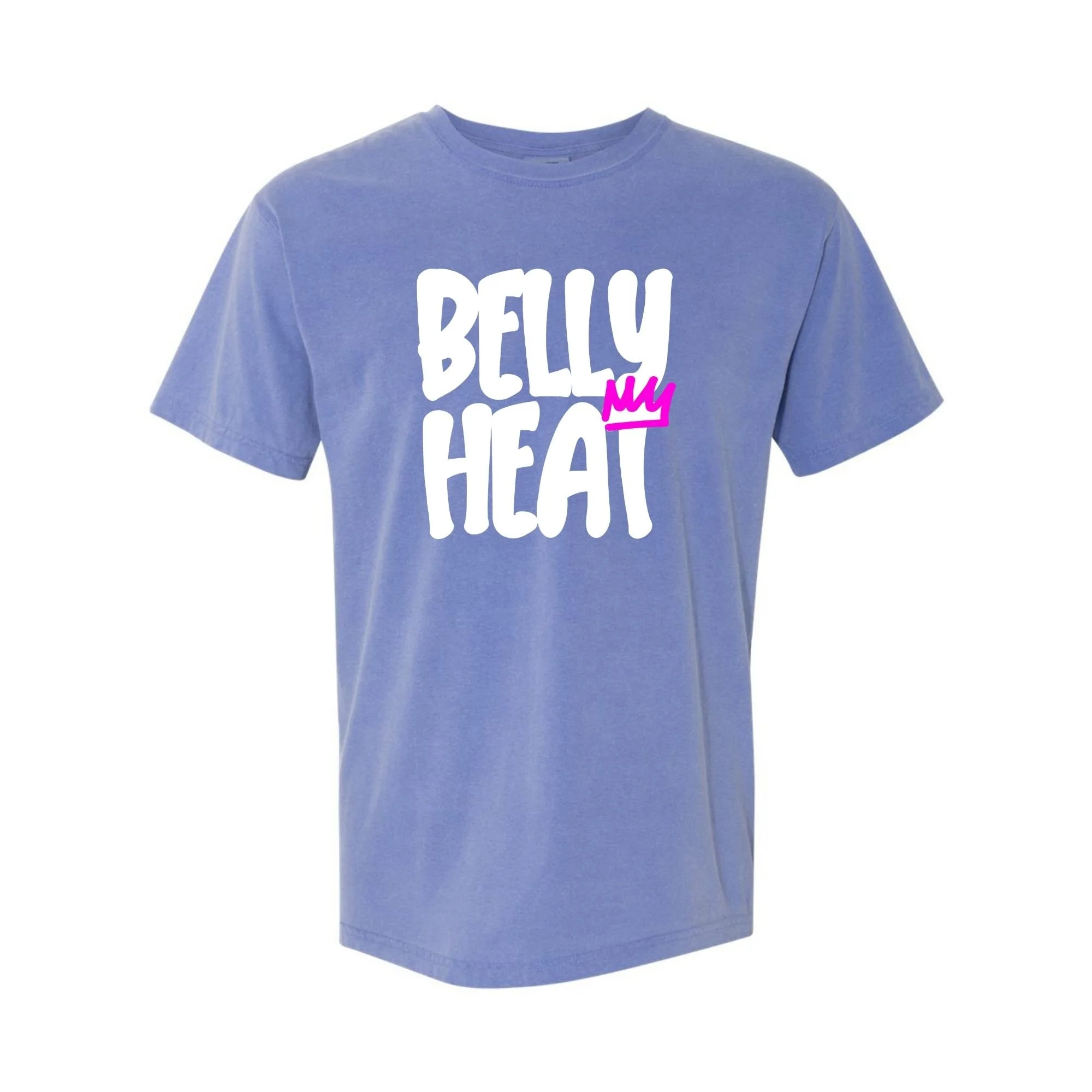 Belly Heat tee in Periwinkle with white print