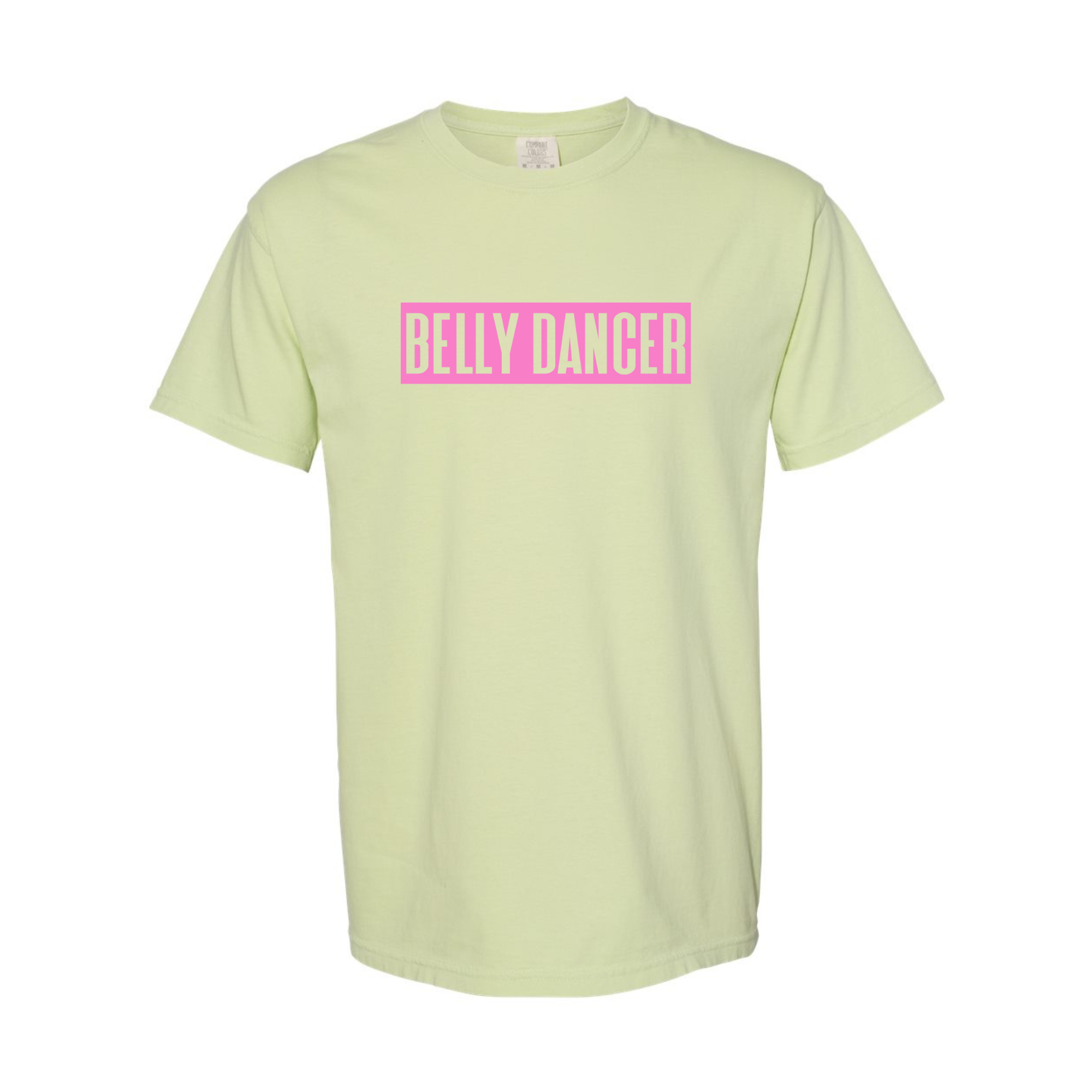 Belly Dancer tee in Celadon with pink print