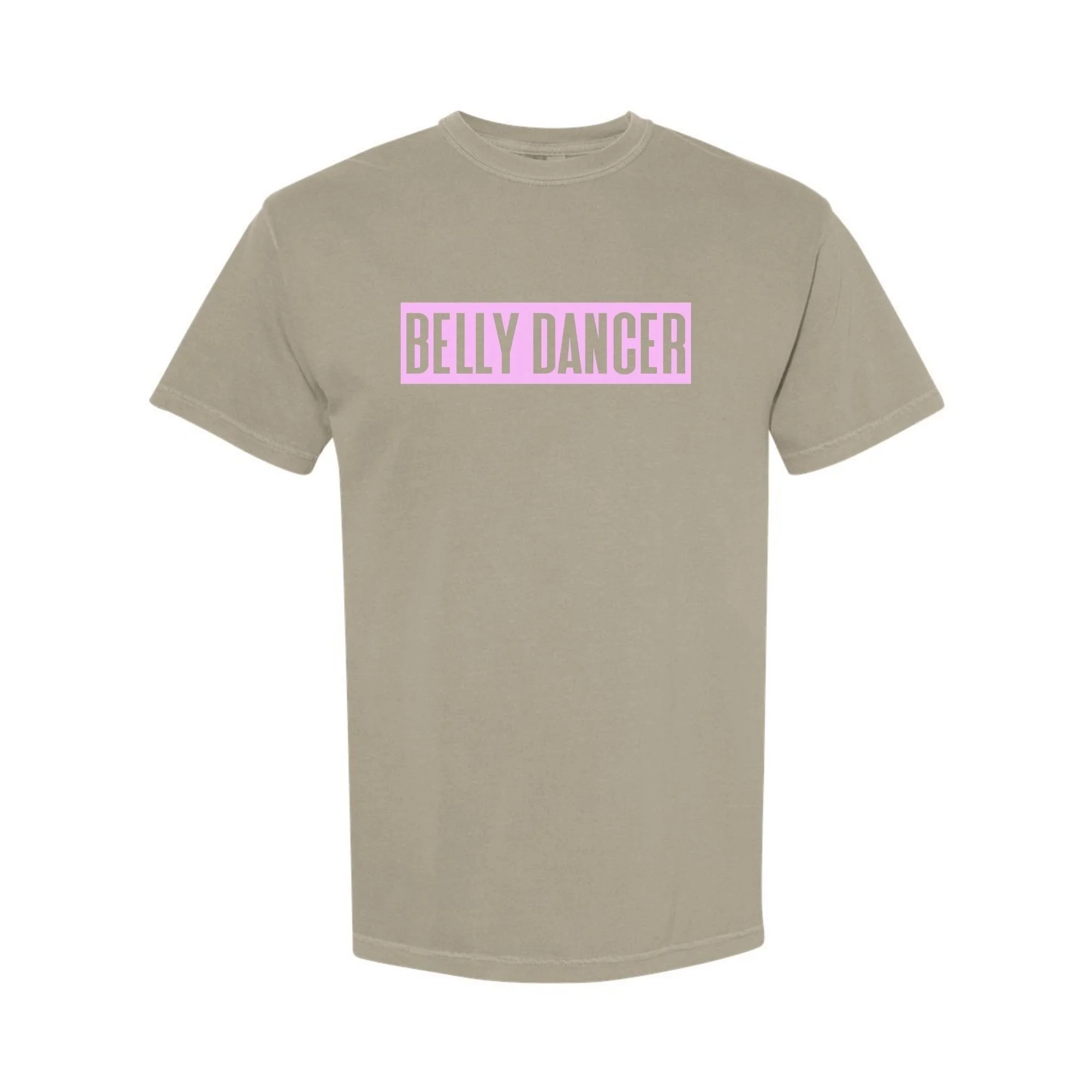 Belly Dancer tee in Sandstone with pink print