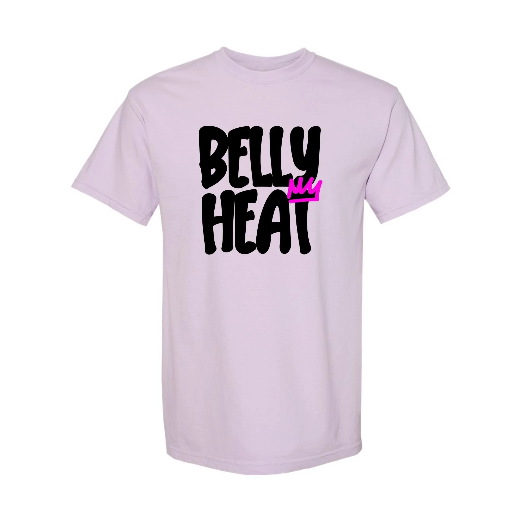 Belly Heat tee in Orchid with black print