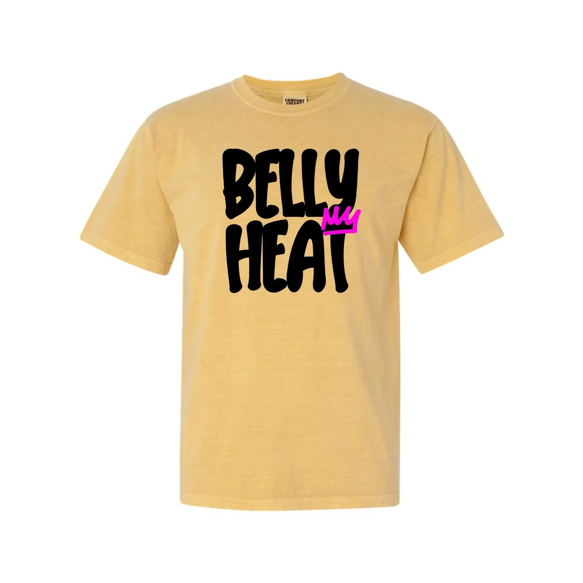 Belly Heat tee in Mustard with black print