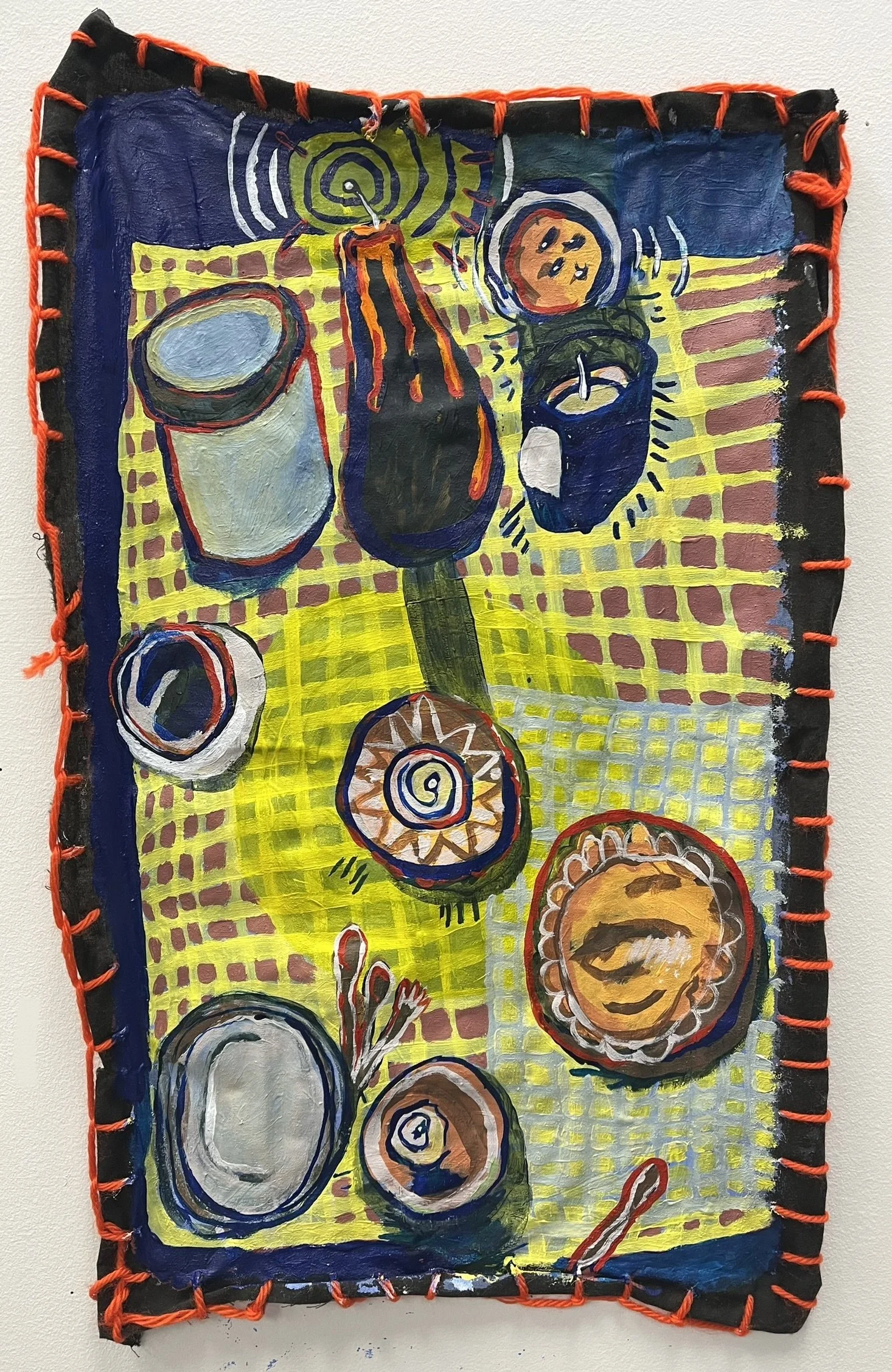 Sunday Dinner, acrylic on fabric, 11"x17"