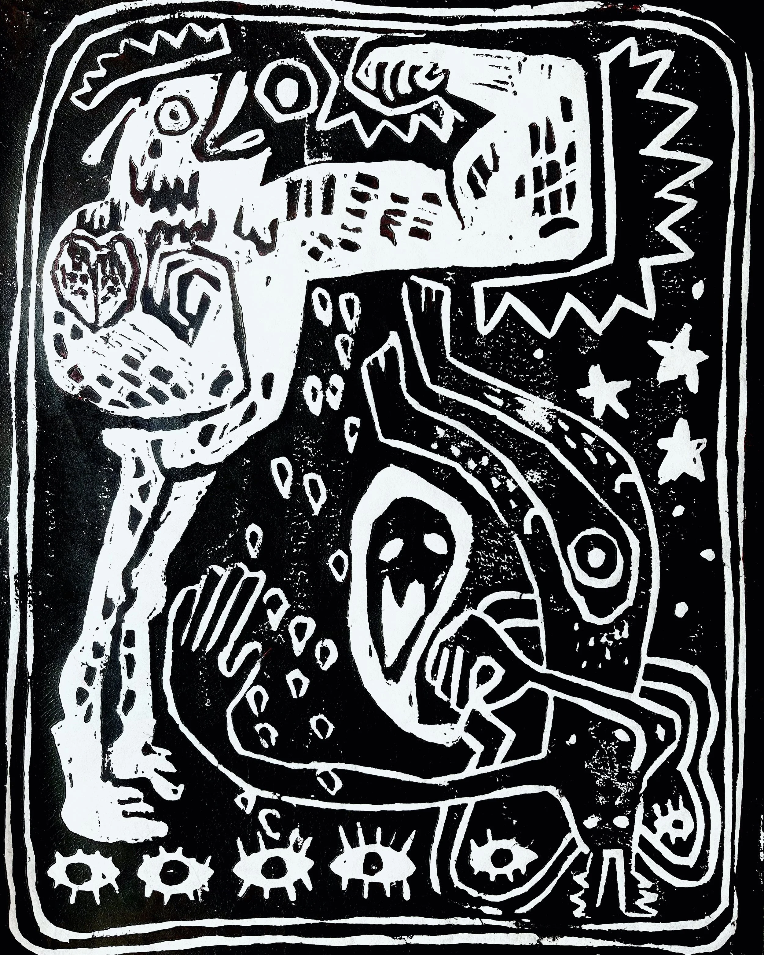 My Parents on Two Legs, 9" x 12", linocut