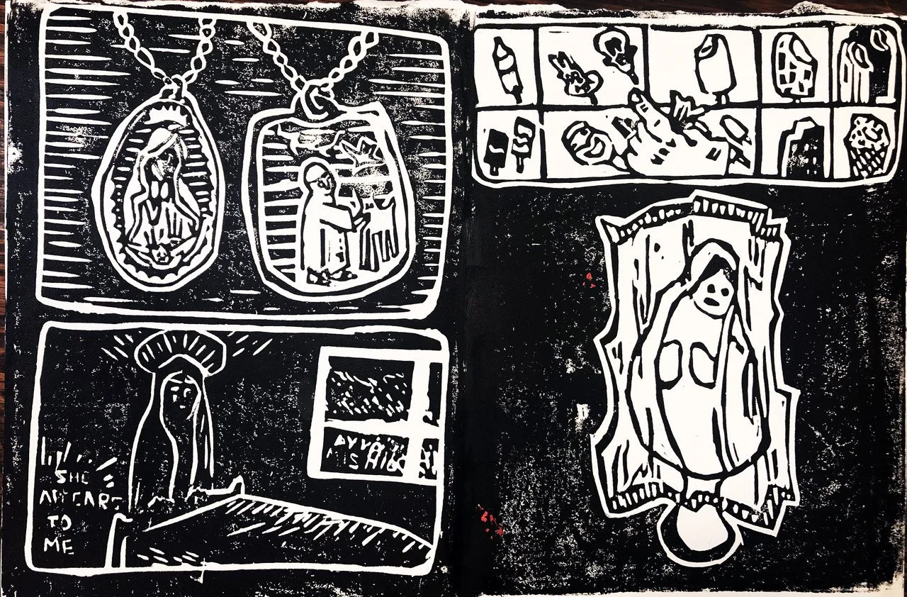 When She Appears to Me, 17" x 11", linocut