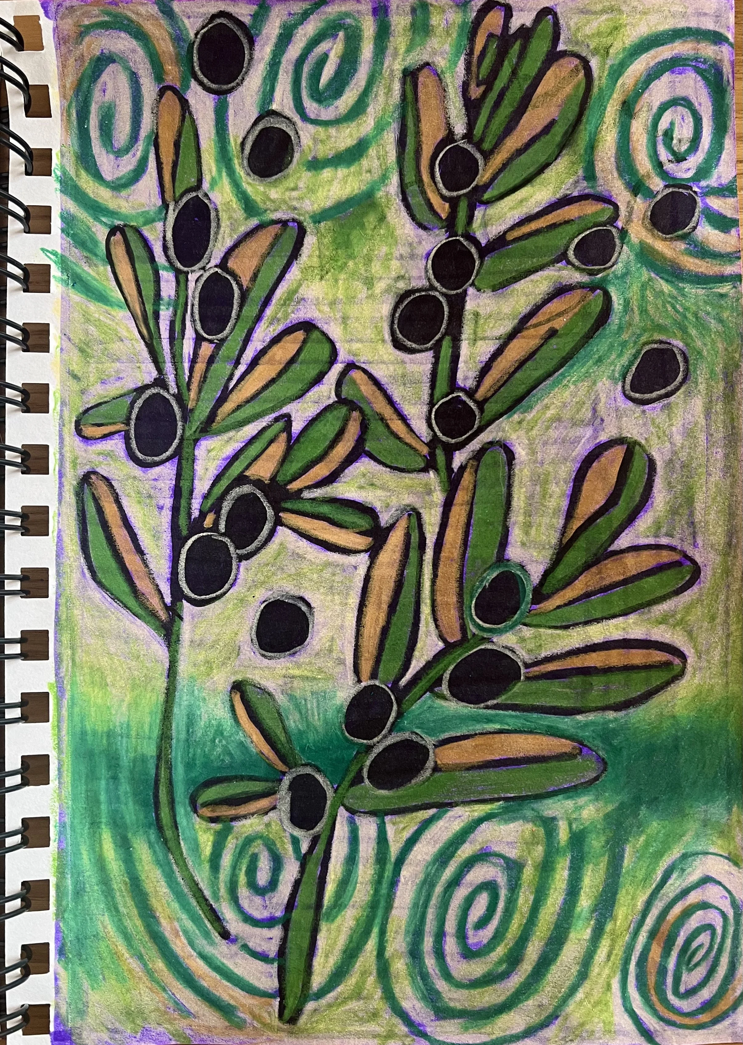Olive Branches, 8.5" x 5.5", ink and colored pencil