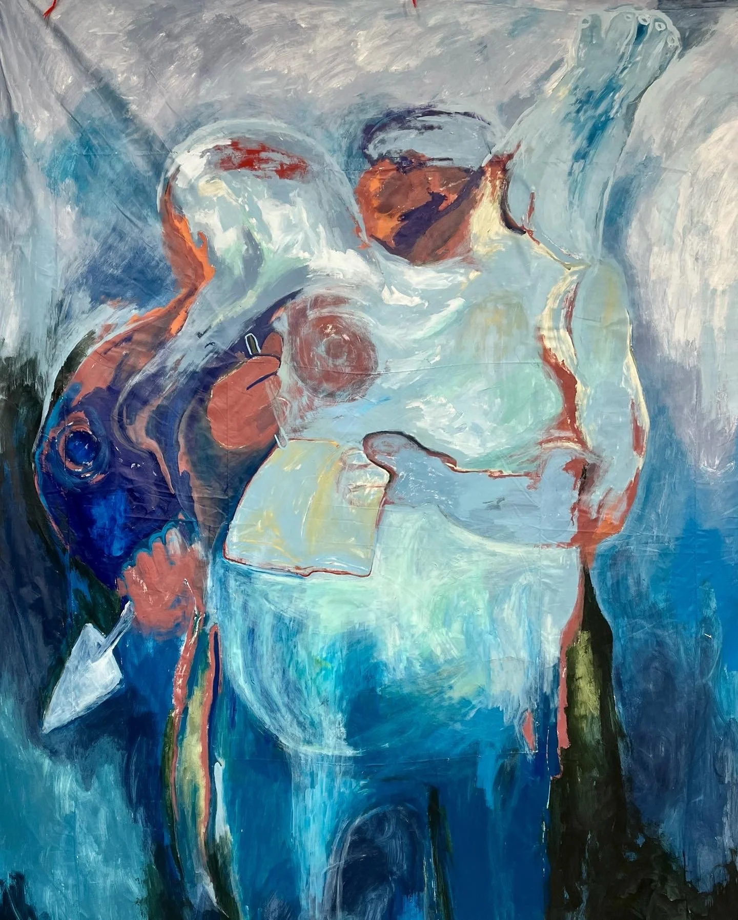 The Worker/The Builder (After Serov), 5.5' x 7', acrylic and oil stick on fabric