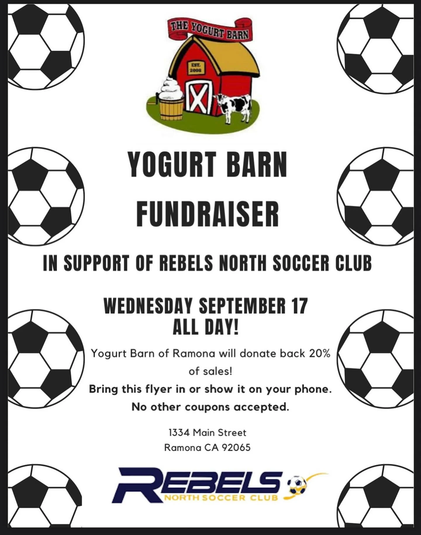 Today is the day! Come to The Yogurt Barn today and show this post at checkout and our club gets 20% of the proceeds! #wearerebelsnorth @yogurtbarnramona