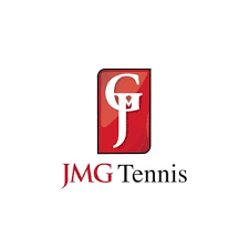 JMG Tennis logo with stylized initials on a red background.