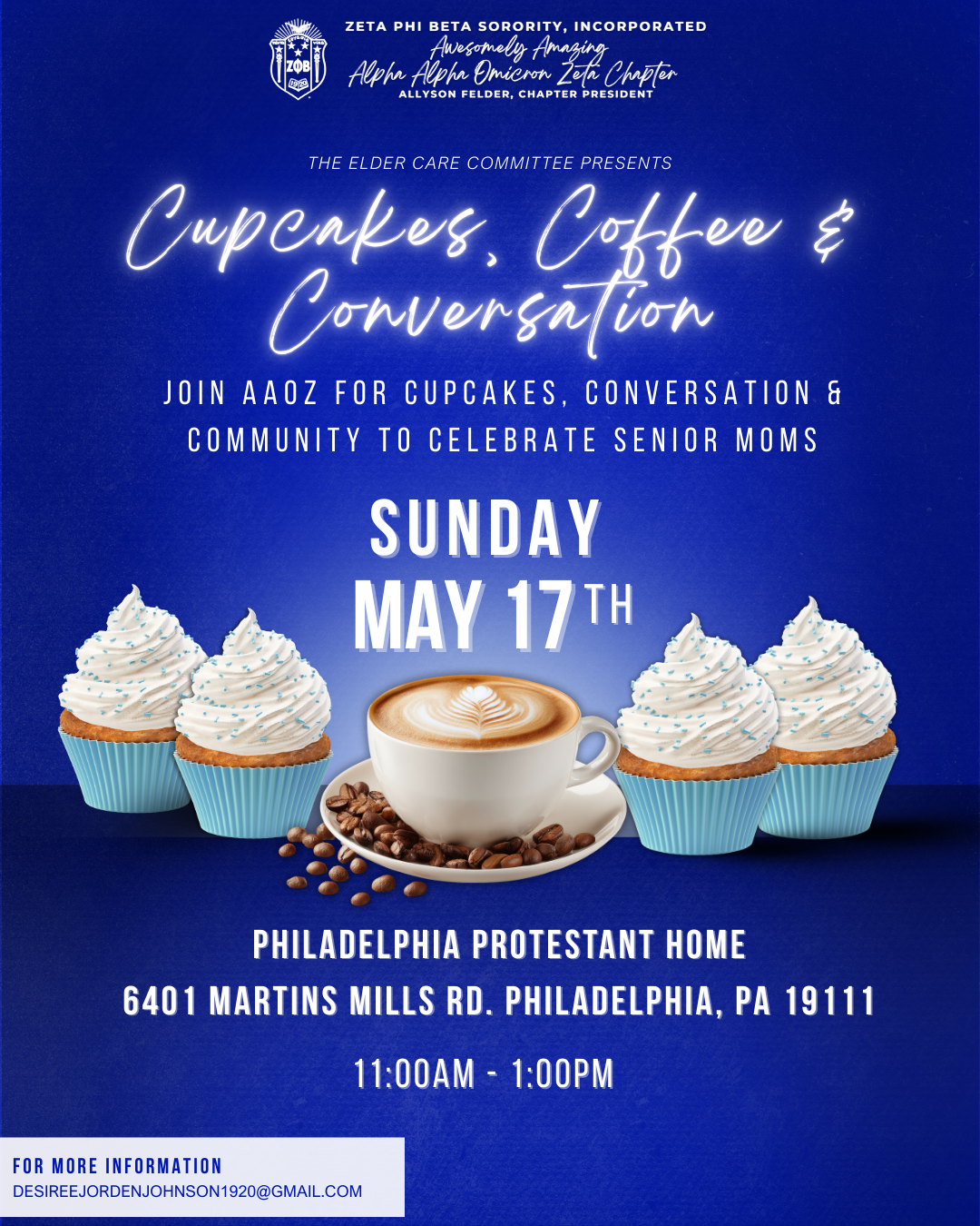 Event flyer for a cupcake, coffee, and conversation event hosted by Zeta Phi Beta Sorority, Inc. Alpha Alpha Omicron Zeta Chapter. The flyer features images of cupcakes, a latte, and coffee beans. The event is scheduled for Sunday, May 17th, from 11:00 AM to 1:00 PM at Philadelphia Protestant Home, 6401 Martins Mills Rd, Philadelphia, PA 19111. Contact information is provided at the bottom of the flyer.