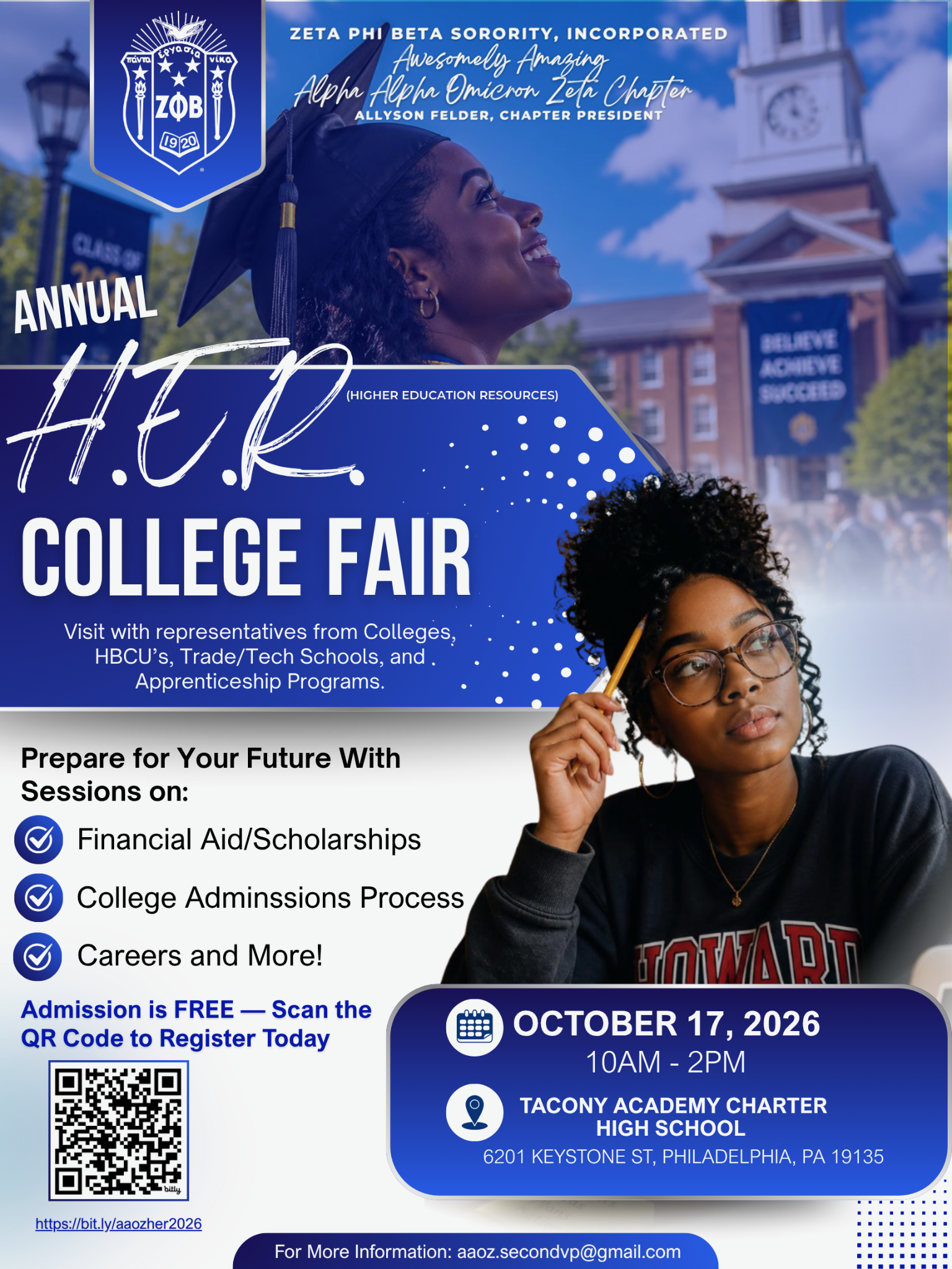 Promotional flyer for a college fair event on October 17, 2026, from 10am to 2pm at Tacony Academy Charter High School in Philadelphia, PA. Features images of diverse students in caps and gowns, university banners, and a QR code for registration.