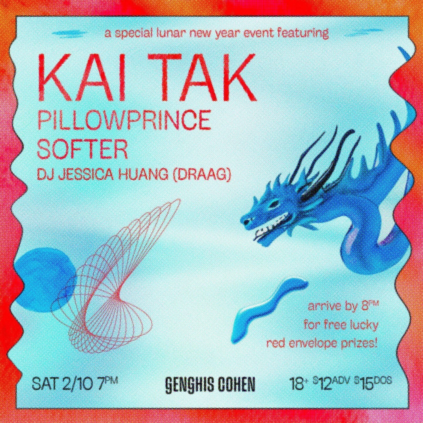 v excited to announce a special Lunar New Year show at @genghiscohenla in LA 🐉 2/10/24

w/ @kaitakmusic + @softertheband + DJ set by Jessica from @draagsadpeople ⚔️

🧧arrive early to receive a lucky red envelope - some will have special prizes 🎊

