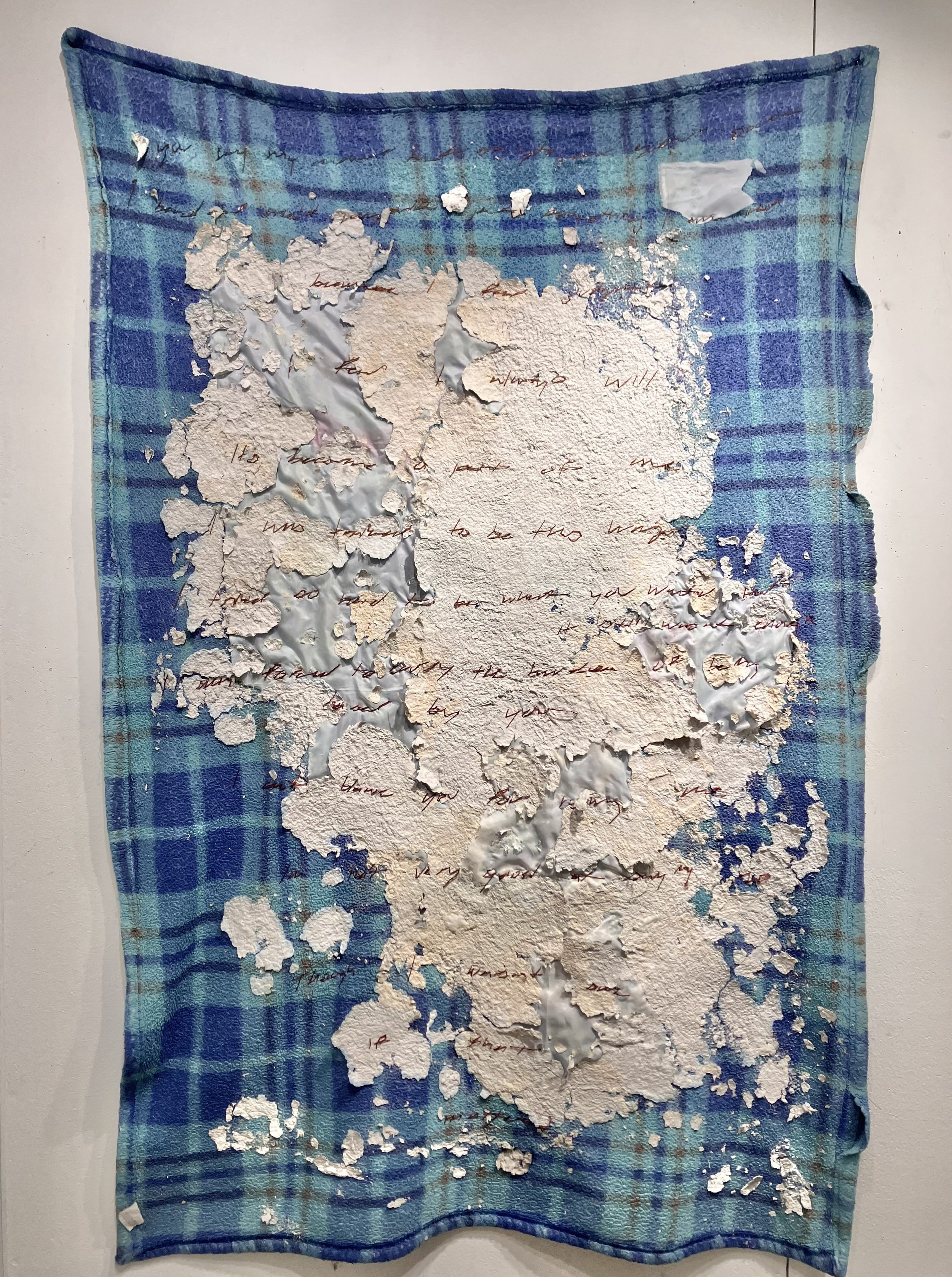 "Closure (An Elegy to My Mother)" Recycled Paper and Embroidery on Blanket (90" x 65")