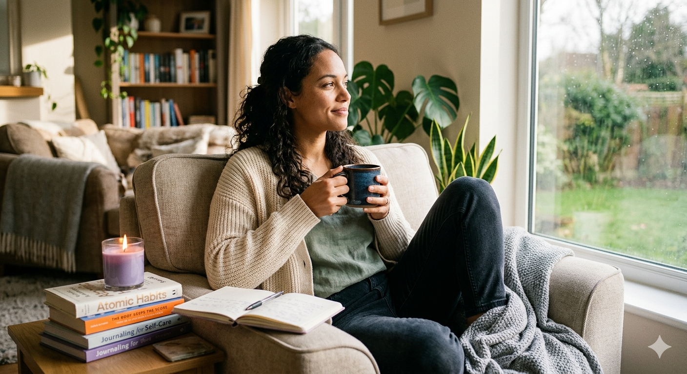 Woman sitting peacefully with coffee during a reflective mental health and self-care moment