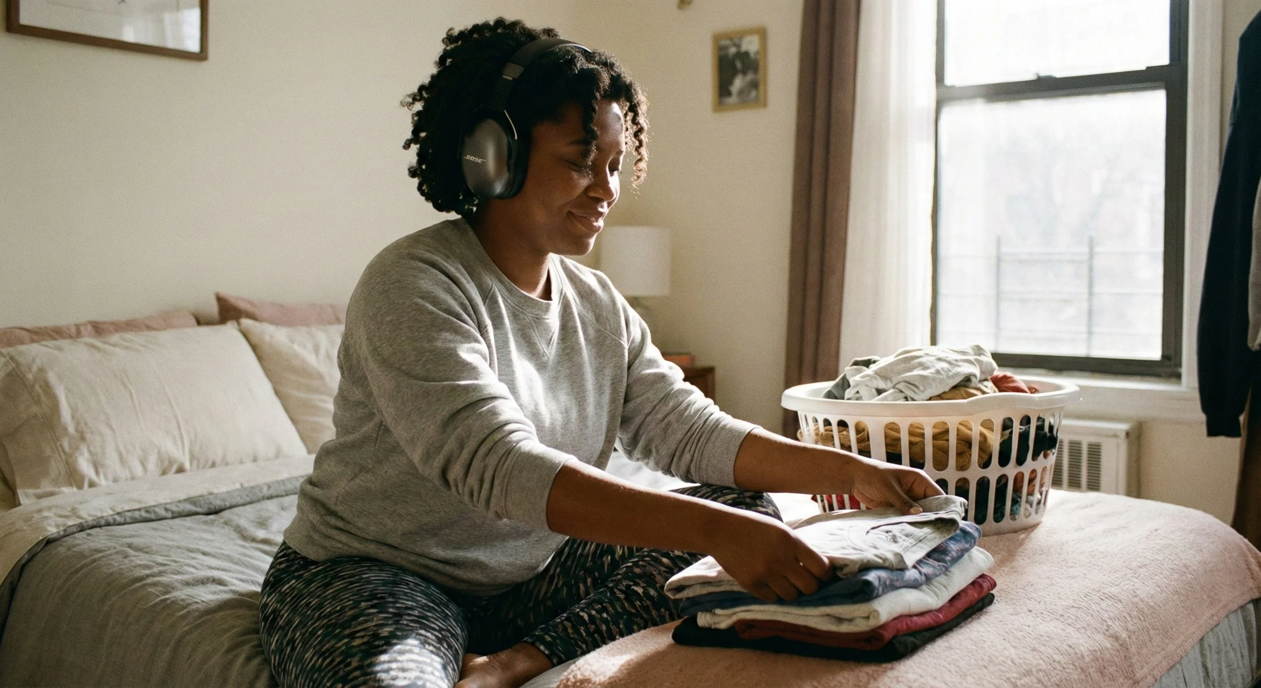 A Black woman folding laundry on her bed while wearing large headphones to stay focused and engaged. This shows how to bypass executive dysfunction using the PINCH method of adding interest to a dull task.