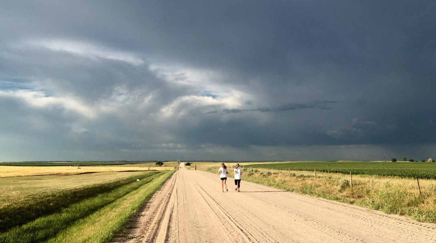 Two people jogging side by side on a long rural dirt road under a dramatic, stormy sky, surrounded by open fields—symbolizing resilience, movement through stress, and finding strength and balance in uncertain or overwhelming moments.