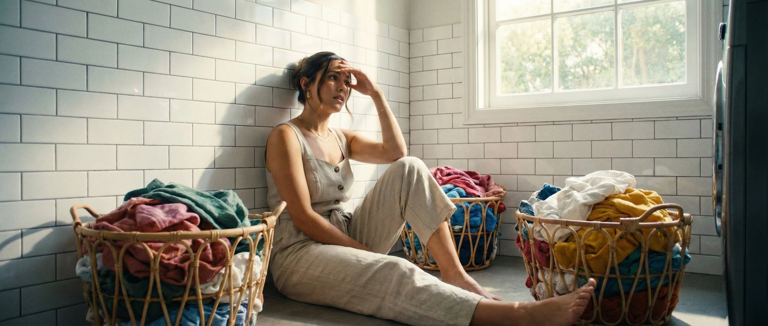 A woman in her thirties sitting on a laundry room floor surrounded by three overflowing baskets of clothes. She looks overwhelmed by executive dysfunction and burnout. This represents the mental barrier known as the Wall of Awful.