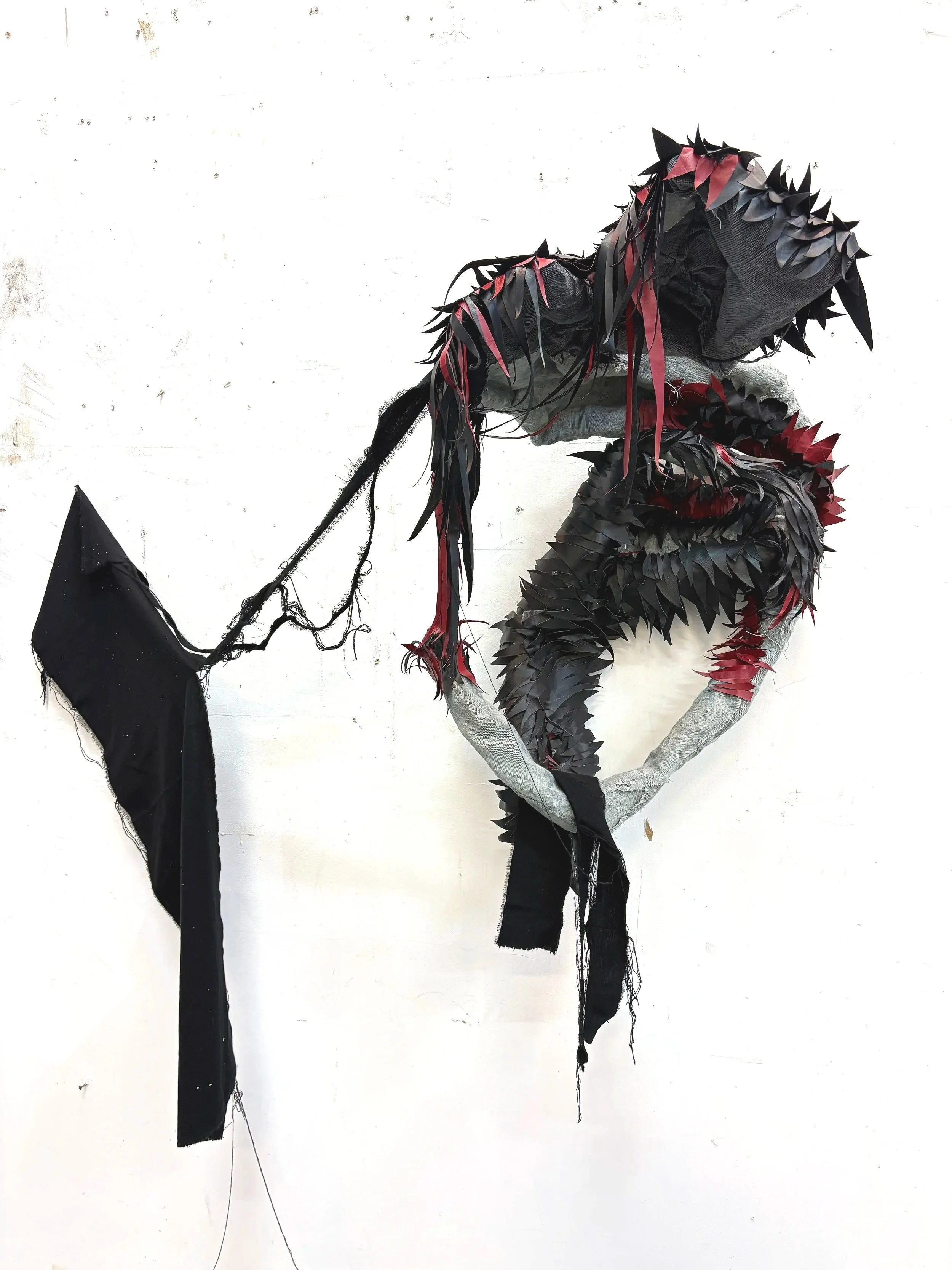 Tastes like cigarettes and sorrow, 70x48x18 in., wired mesh, vinyl, thread, linen, wire, cotton, 2026
