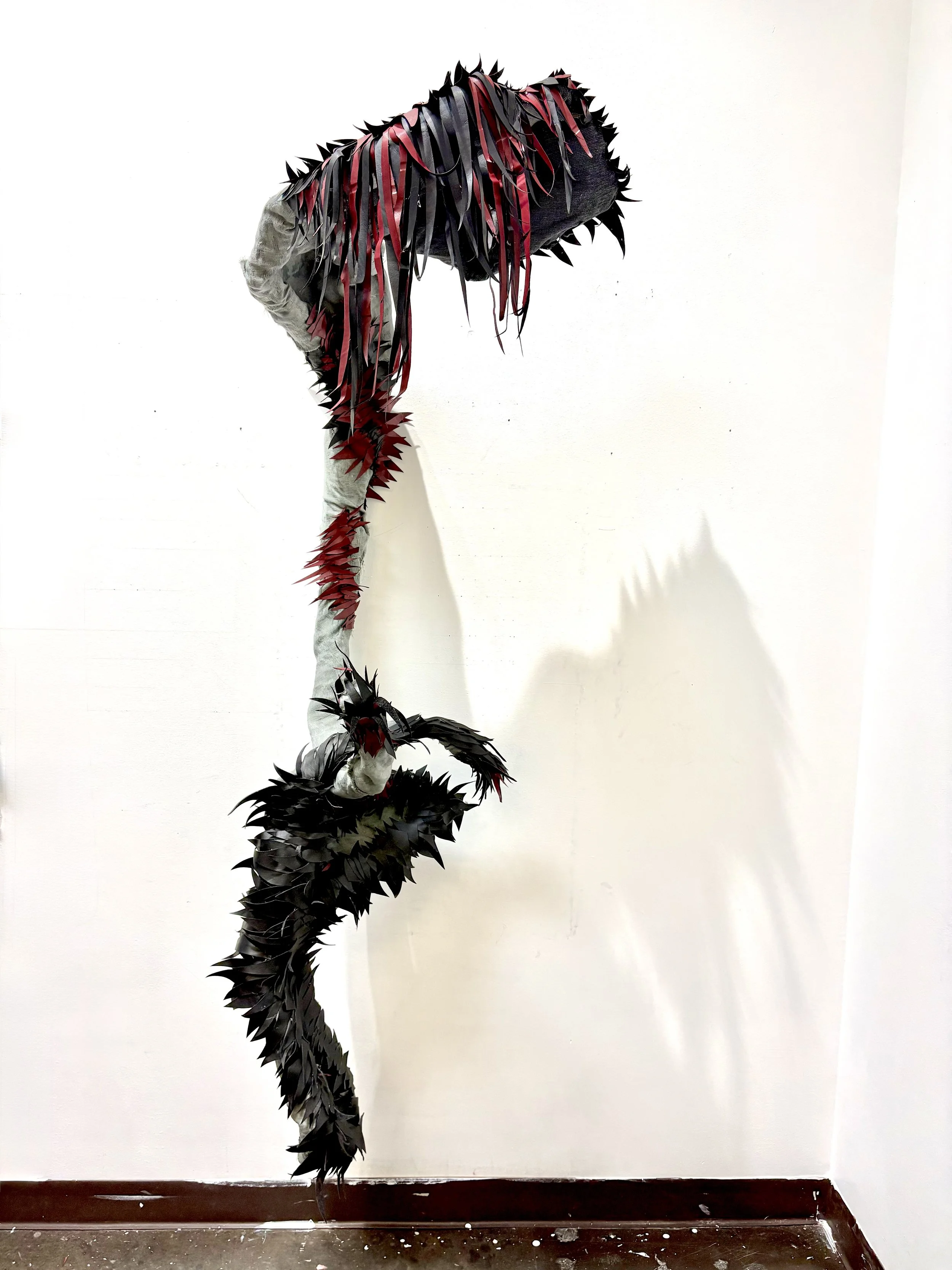 Tastes like cigarettes and sorrow, 27x74x27 in., vinyl, cotton, linen, wire, thread, 2026