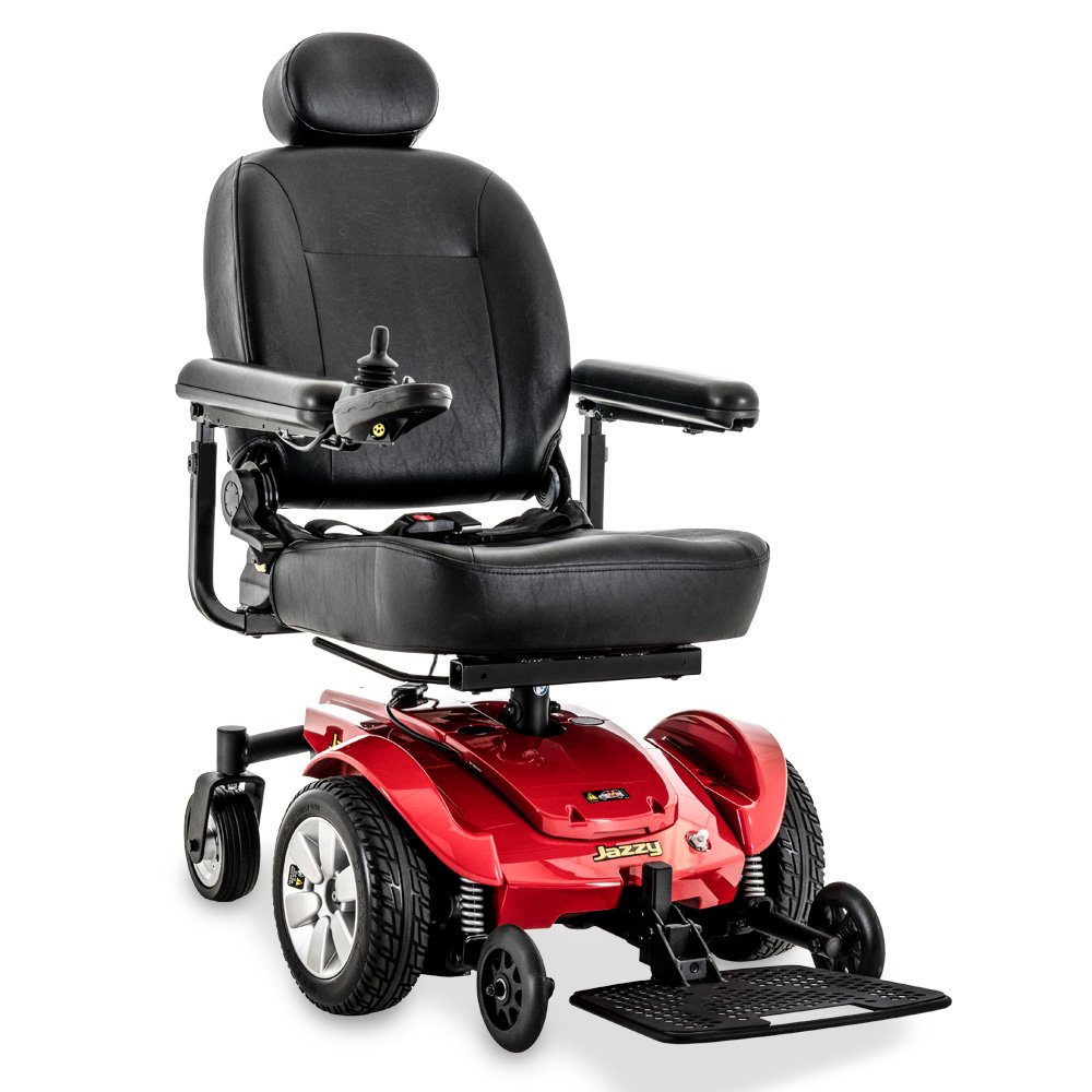 Front view of the Pride Jazzy Select Power Wheelchair, showcasing its sturdy frame, comfortable seat, and advanced joystick control for enhanced mobility and independence.