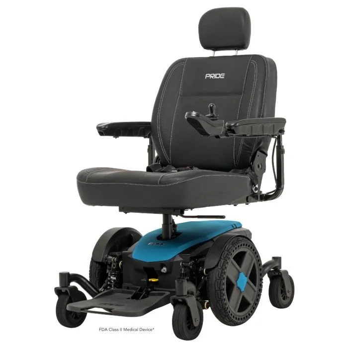 Front view of the Pride Jazzy EVO 614 HD power wheelchair showcasing its robust design and comfortable seating in iceberg blue
