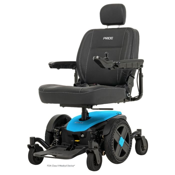 Front view of the Pride Jazzy EVO 614 HD power wheelchair showcasing its robust design and comfortable seating in robins egg blue