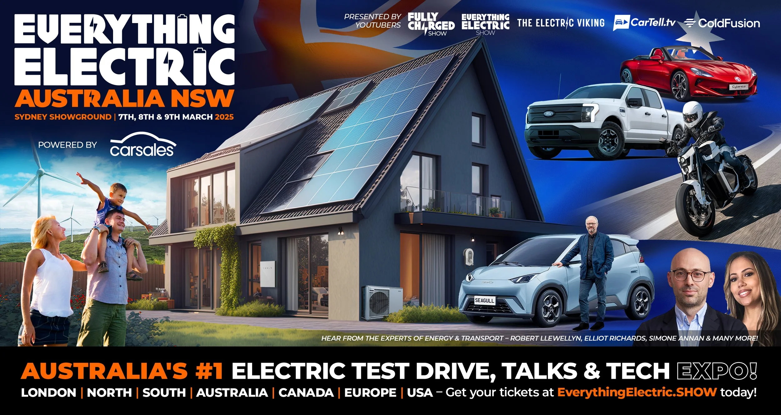 Promotional banner for the Everything Electric Australia NSW event at Sydney Showground in March 2025 featuring electric vehicles, a house with solar panels, and people enjoying the event.