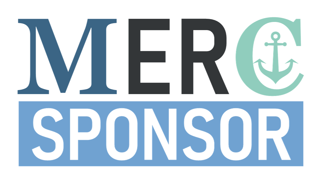 Graphic design with the words 'MER' and 'SPONSOR' in large, stylized text, featuring an anchor symbol inside the letter 'C'.