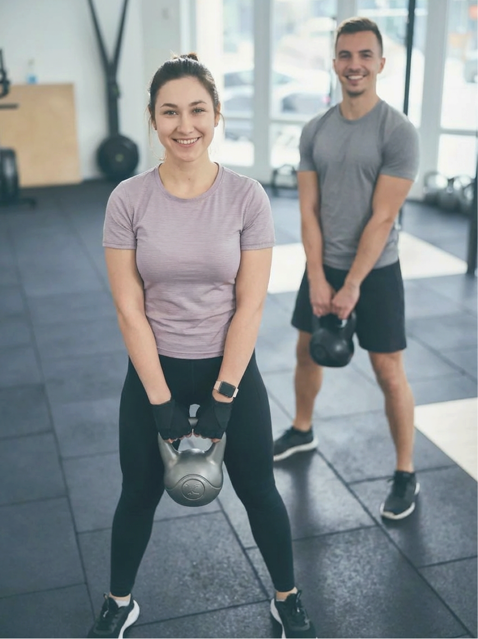 Two people exercising in a gym, a woman in the foreground holding a kettlebell and a man in the background holding a kettlebell, both smiling.