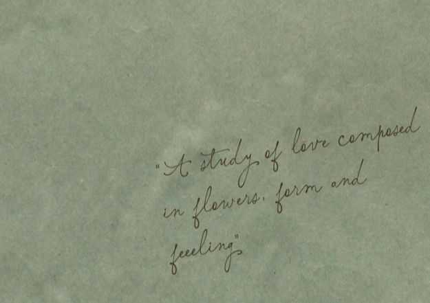 Quotation about studying love, flowers, form, and feeling written in cursive on a textured light green background.