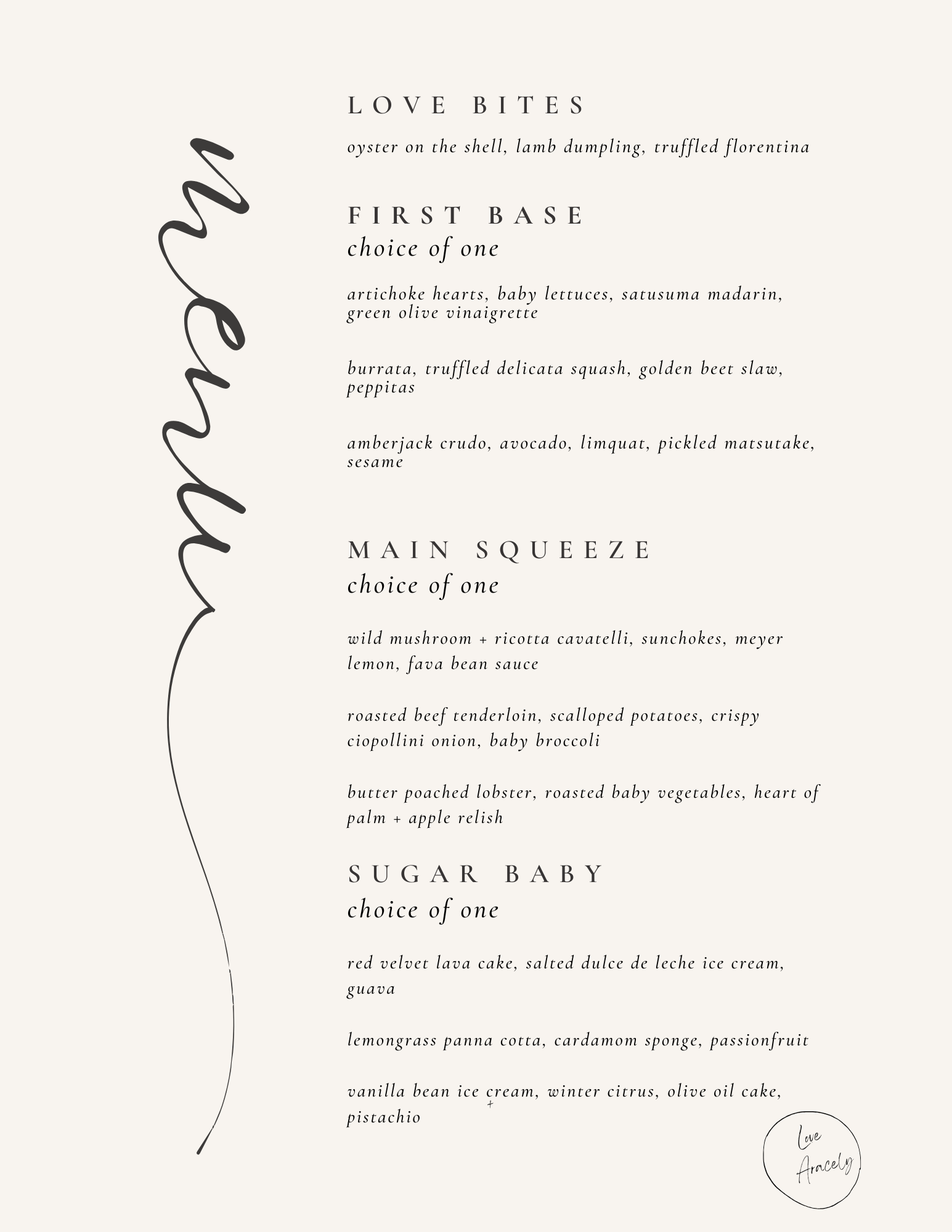 Valentines Dinner Menu