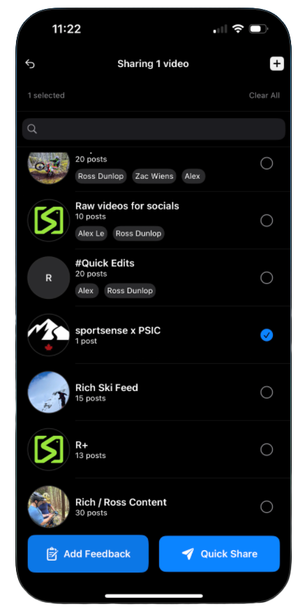 Sharing the clip into a client feed