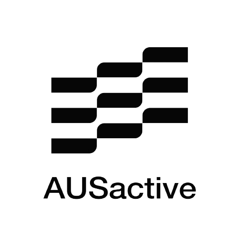 Flowchart with six interconnected rectangles and the text 'AUSactive' at the bottom.