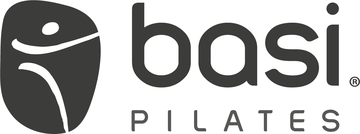 Logo for Basi Pilates featuring a stylized person on a Pilates ball with the words 'basi PILATES' next to it.