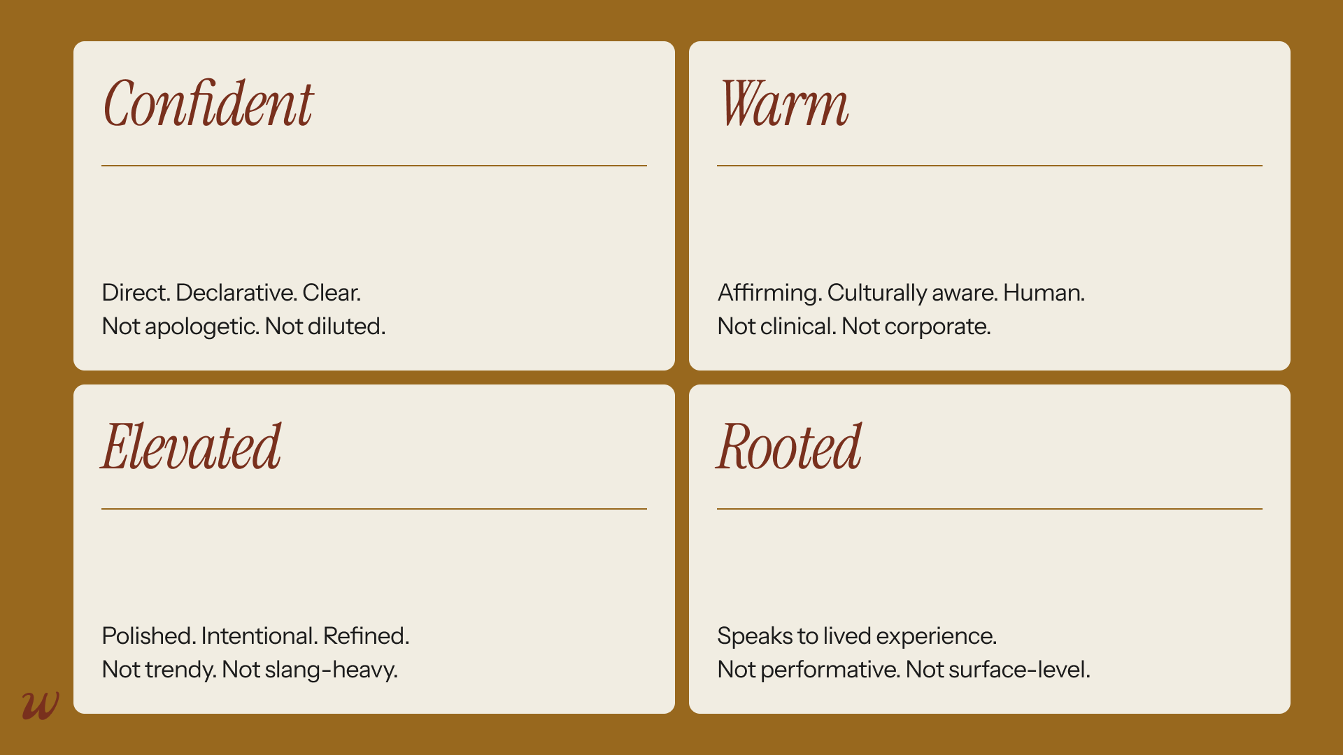 A quadrant chart defining the brand personality for Wrapped: Confident (direct), Warm (affirming), Elevated (polished), and Rooted (speaks to lived experience). Each section lists specific tonal traits.