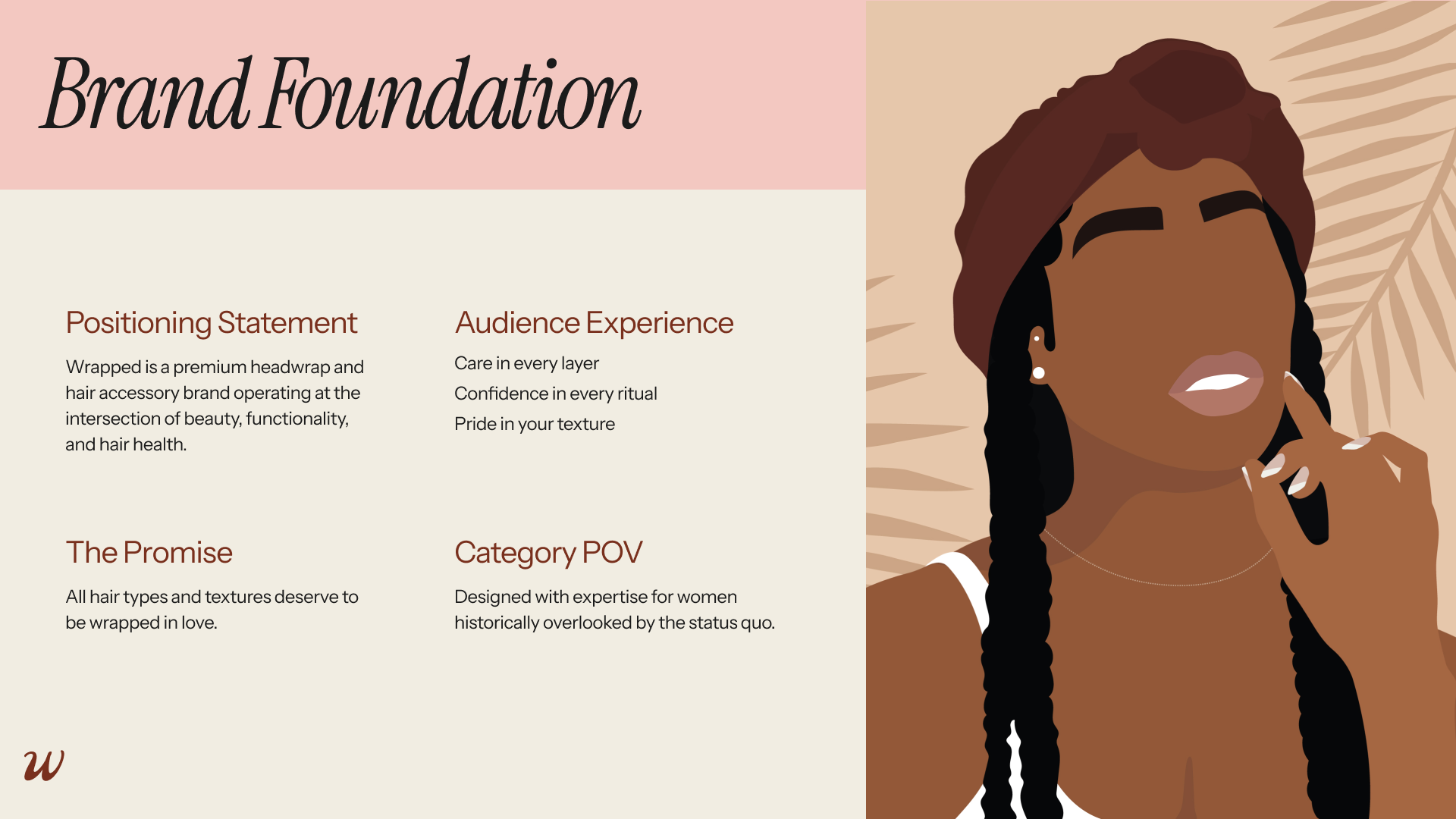 Strategy slide for Wrapped, a premium headwrap brand. Includes positioning statement, audience experience, brand promise, and category POV alongside a minimalist illustration of a Black woman in a headwrap.