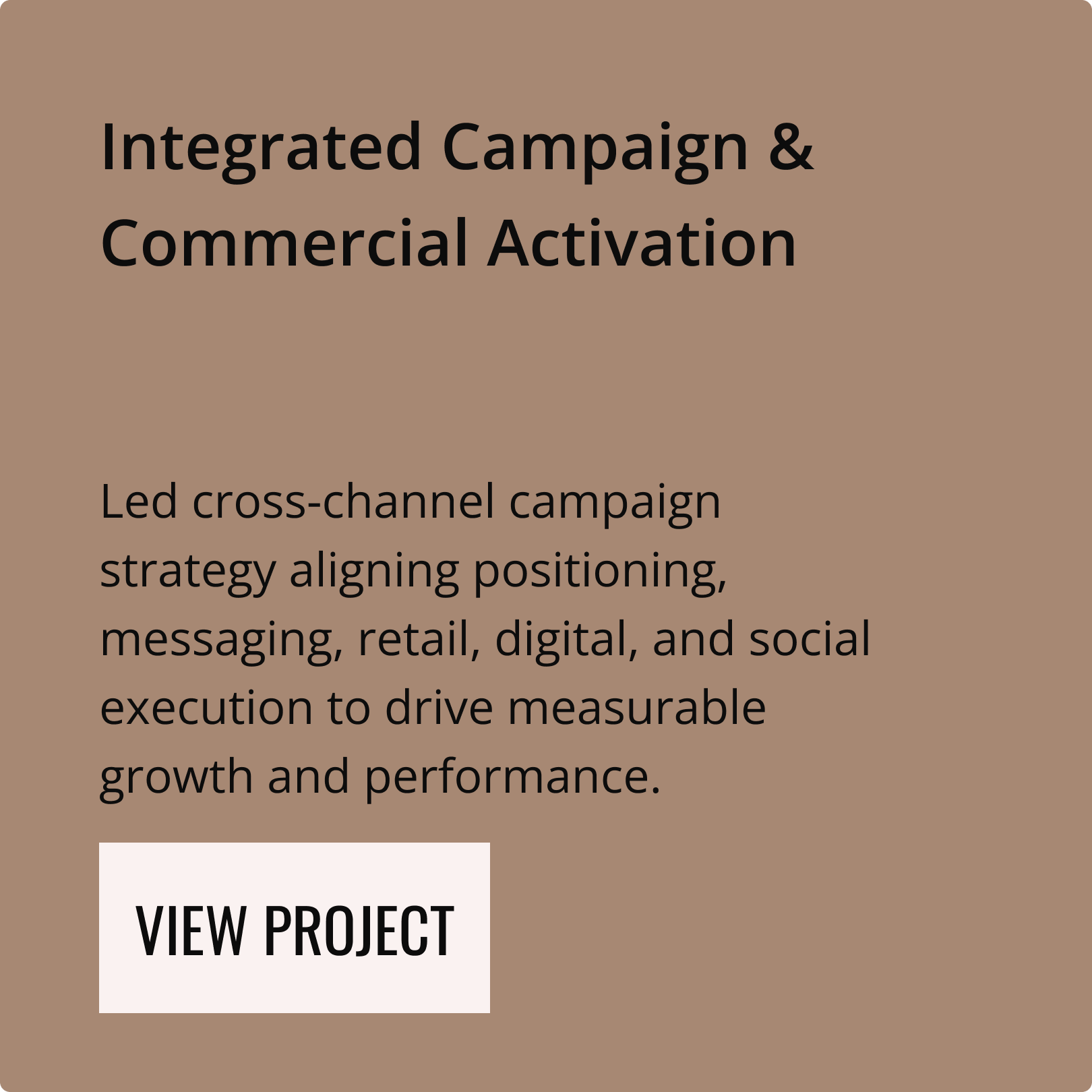 "Integrated Campaign & Commercial Activation" project card. Descriptions says "Led cross-channel campaign strategy aligning positioning, messaging, retail, digital, and social execution to drive measurable growth and performance.”
