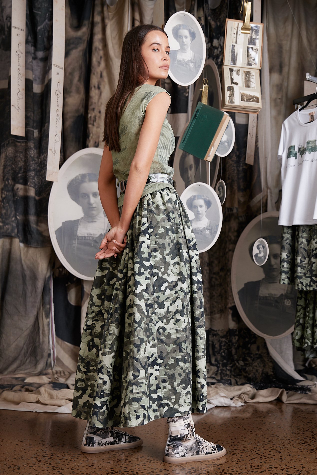 CIR0034 CAR CAMO MESH TANK, CIR0031 CAR CAMO SKIRT, CIR0017A CAR CAMO BELT, CIR0002 PRINTED LEATHER HIGH-TOP SNEAKER