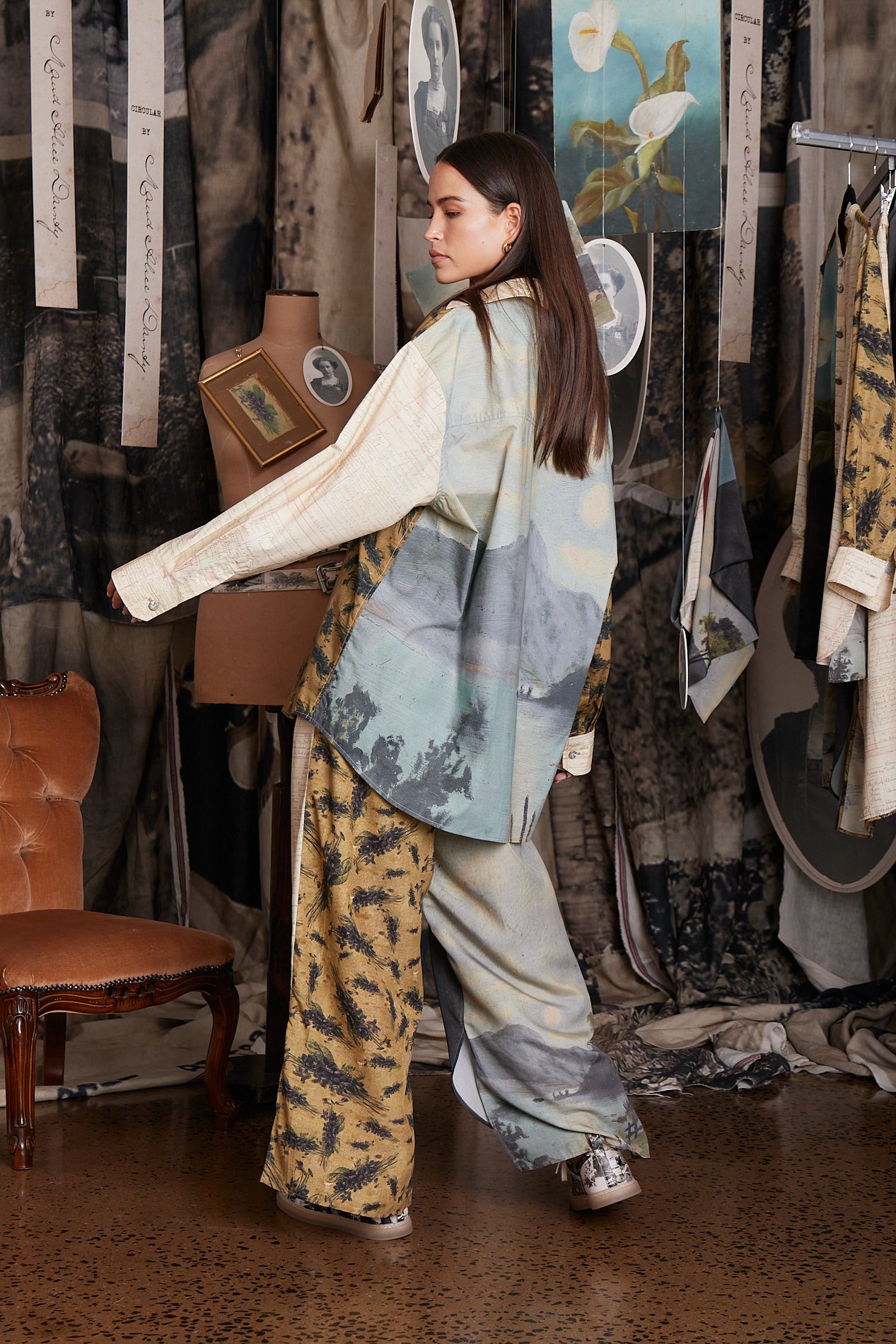 CIR0014 ARTWORKS SHIRT & SCARF COMBO, CIR0011 ARTWORKS PANTS, CIR0004 PRINTED LEATHER SNEAKER