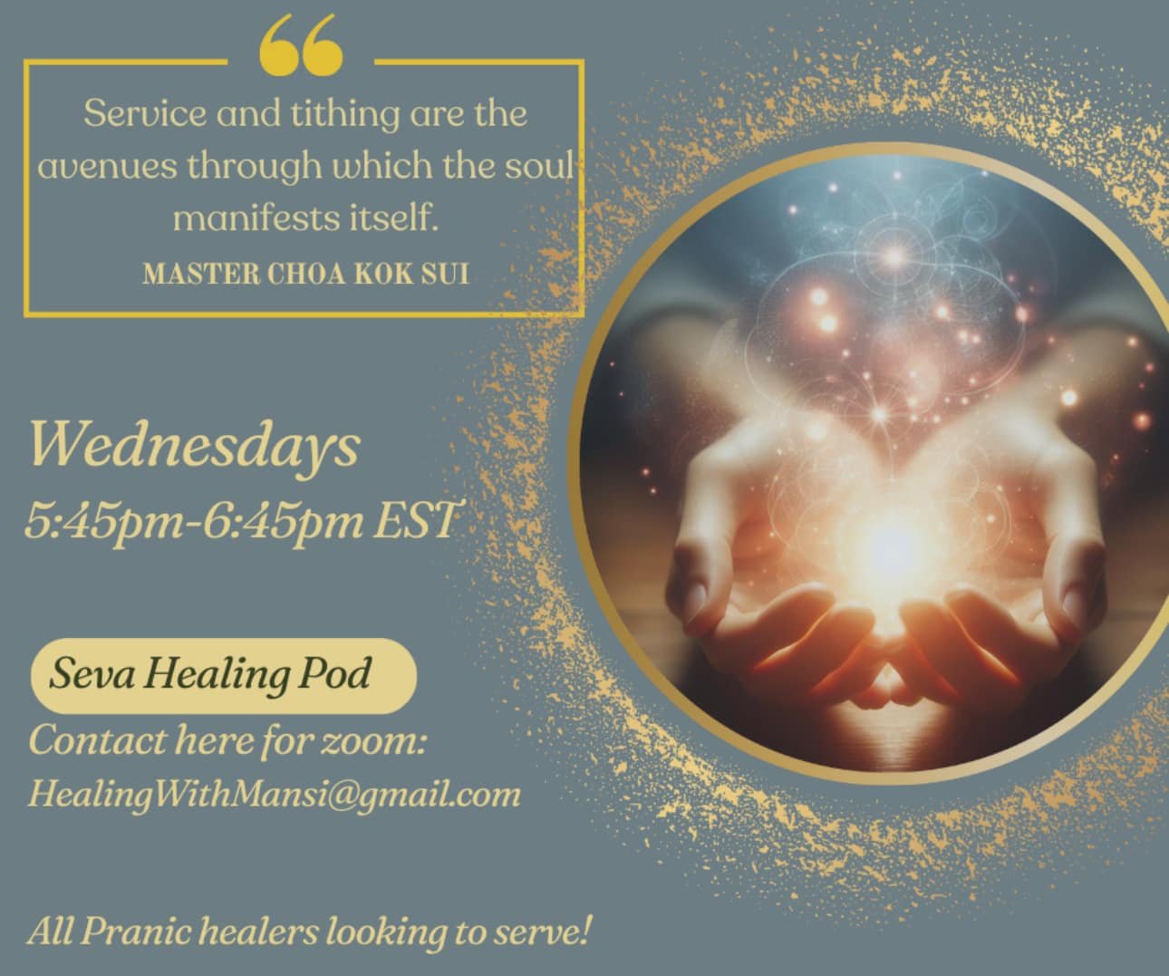 On Wesak Spiritual Festival, I invite all my fellow Pranic Healers who are looking for opportunity to serve,  to join me in &lsquo;Seva&rsquo; Healing pod! We will be meeting on zoom every week! 

&lsquo;Seva&rsquo; means selfless service and is also