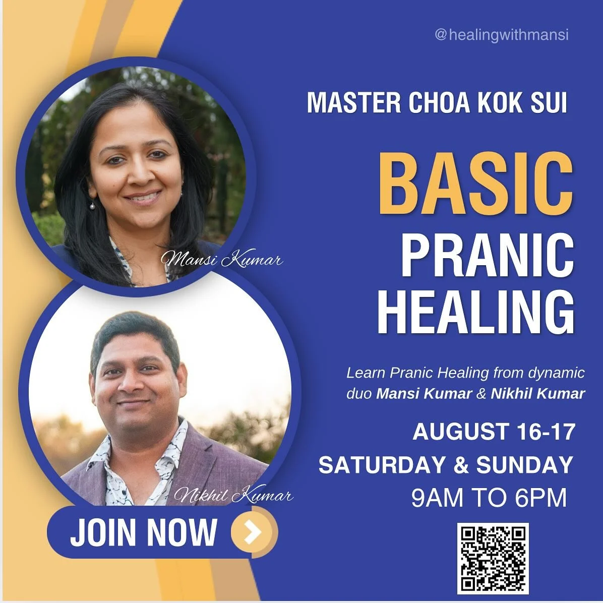 We invite you for two day MCKS Basic Pranic Healing Class happening this weekend in ATLANTA GA! 
On Aug 16th &amp; 17th 
Saturday &amp; Sunday: 9am -6pm 

Please register today to save your spot! 🙏💕
Basic Pranic Healing &mdash; Healing With Mansi

