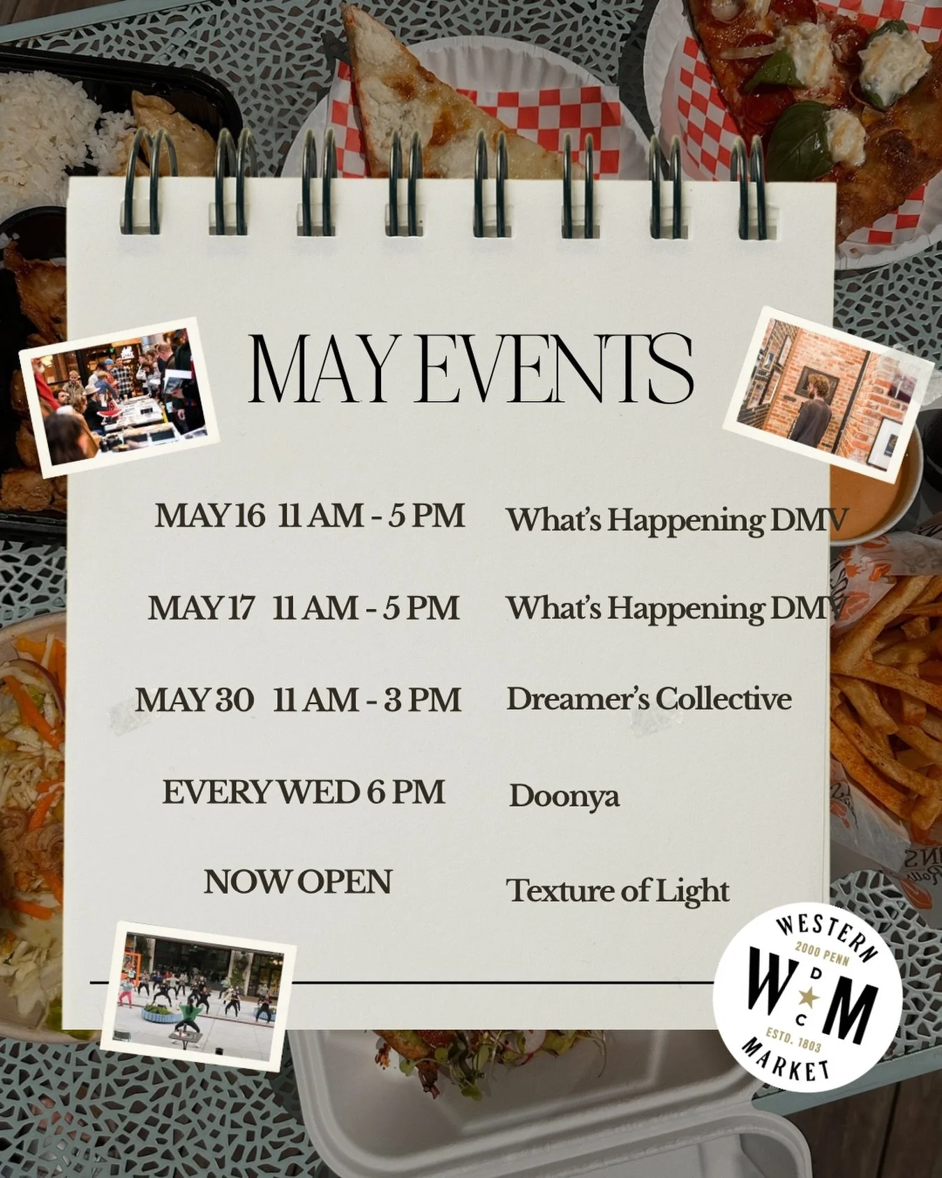 🛍️ May 16&ndash;17 | 11AM&ndash;5PM
@whatshappeningdmv &mdash; shop local, discover new faves, and support small businesses

🧺 May 30 | 12&ndash;3PM
@dreamerscollective.dc is back! Every last Saturday of the month 🛍️ 

🎨 Texture of Light
@prophot