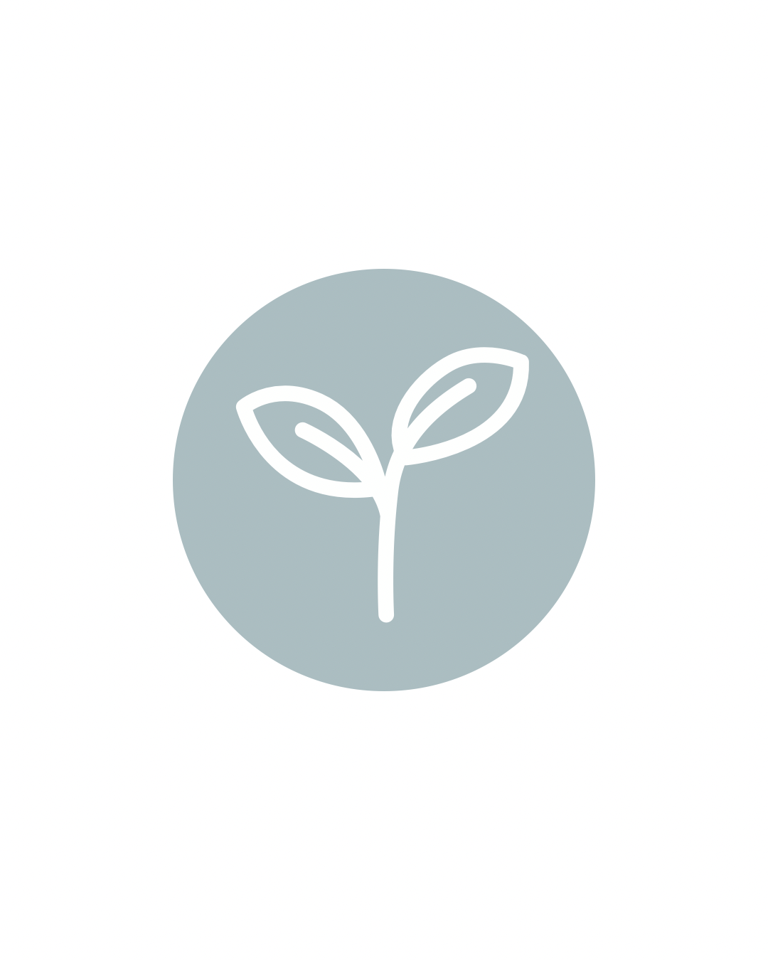 Minimalist icon of a sprouting plant with two leaves inside a gray circle.