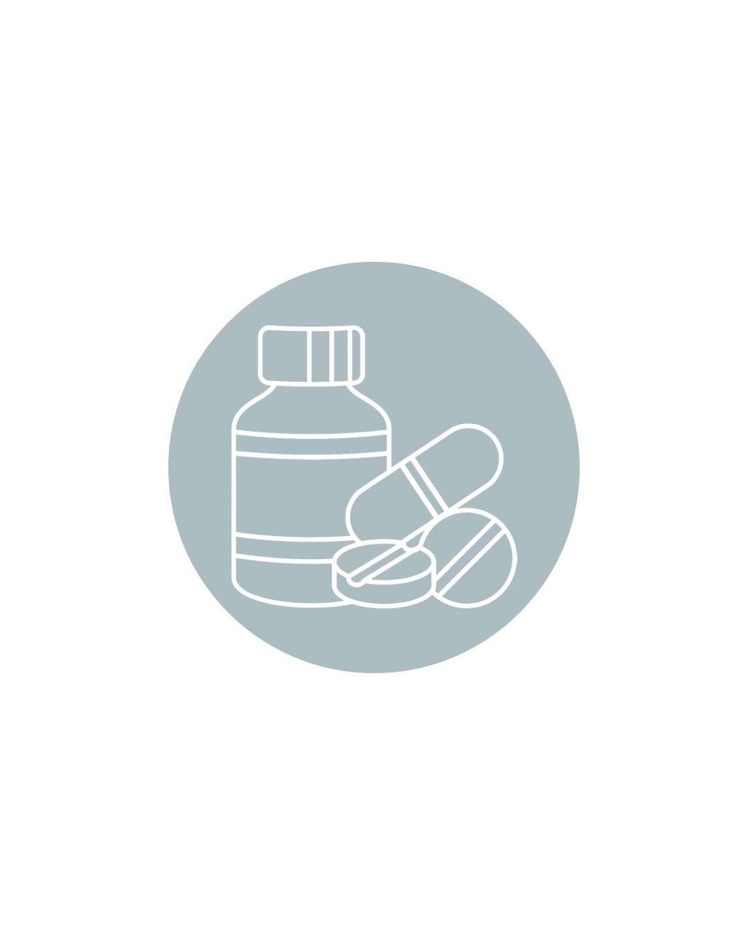 Line drawing of medication bottles and pills inside a gray circle.
