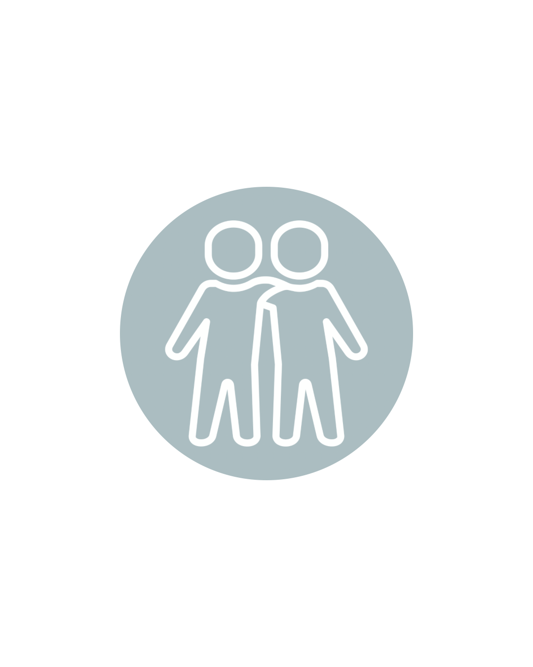 Line drawing of two people with one person's arm around the other's shoulder inside a gray circle.