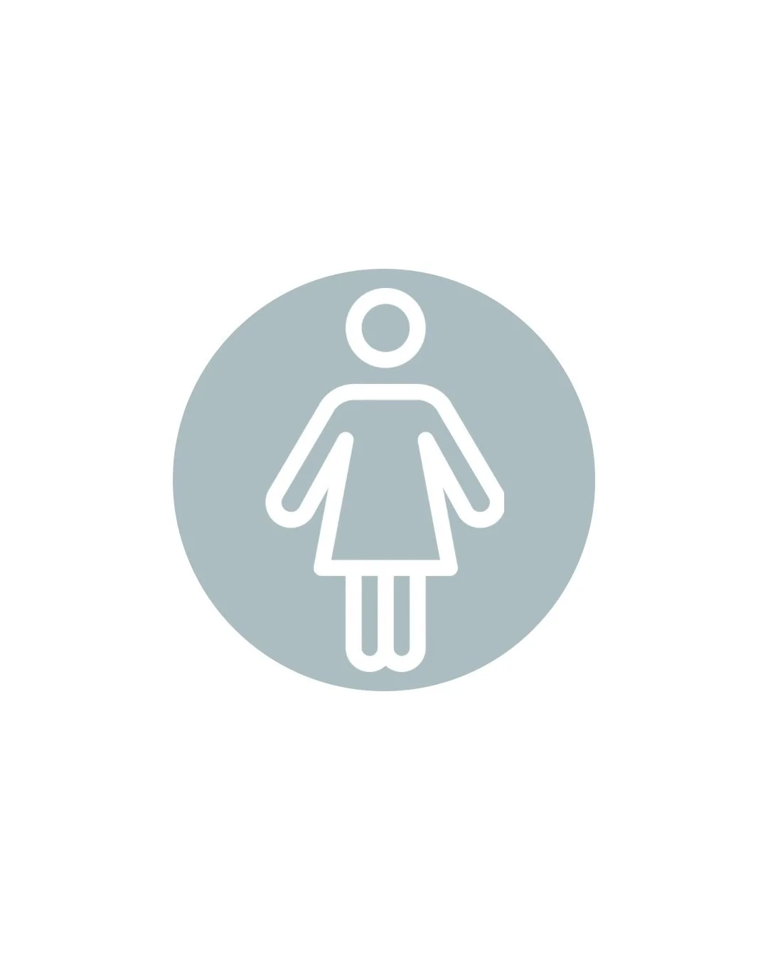 Women's restroom sign with a white female figure on a gray circular background