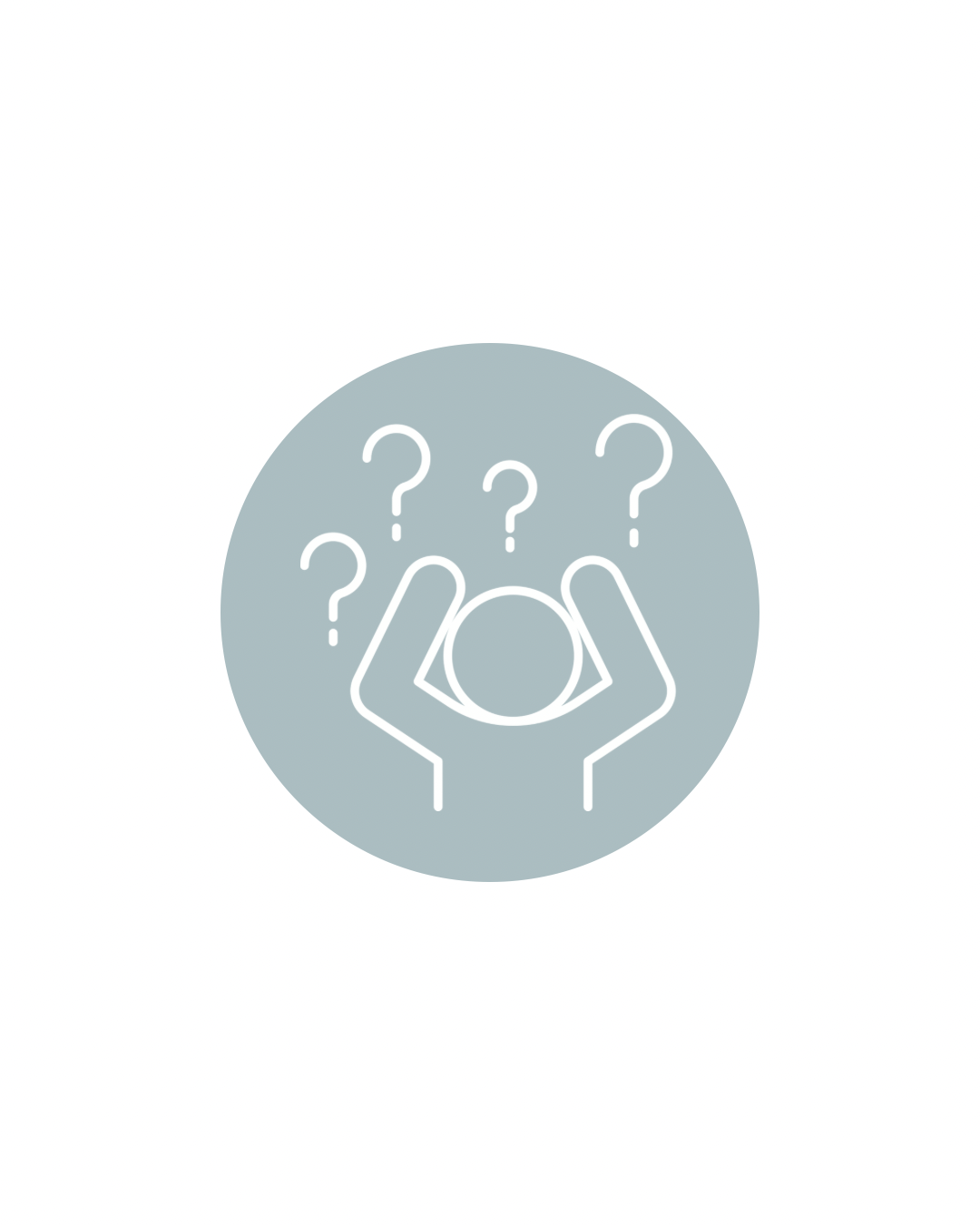 A gray circle with a line drawing of a person holding their head, surrounded by multiple white question marks.