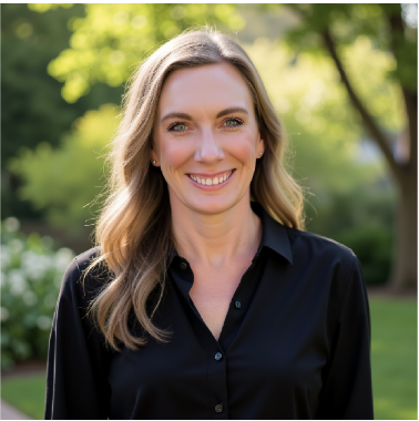 Woman wearing a black button up top with a wooded scenery behind her.