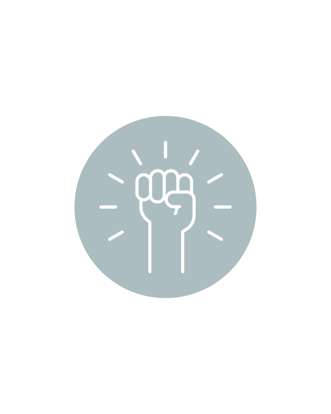 A light gray circle with a white outline of a raised fist at the center, radiating lines around it.